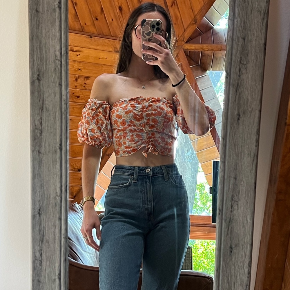 Off-Shoulder Orange Floral Crop Top